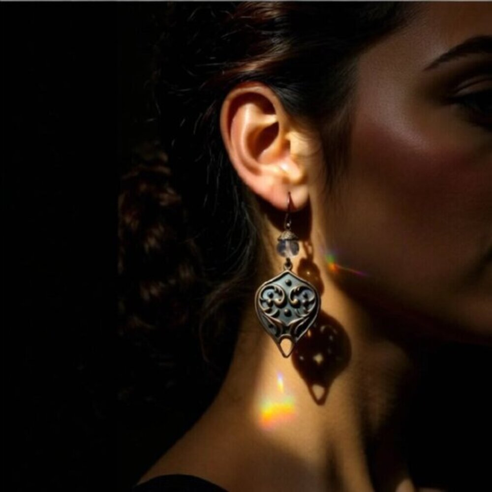 Gorgeous, Heavy & Ornate! Handmade Copper + Clear Quartz Statement Earrings - Picture 11 of 13
